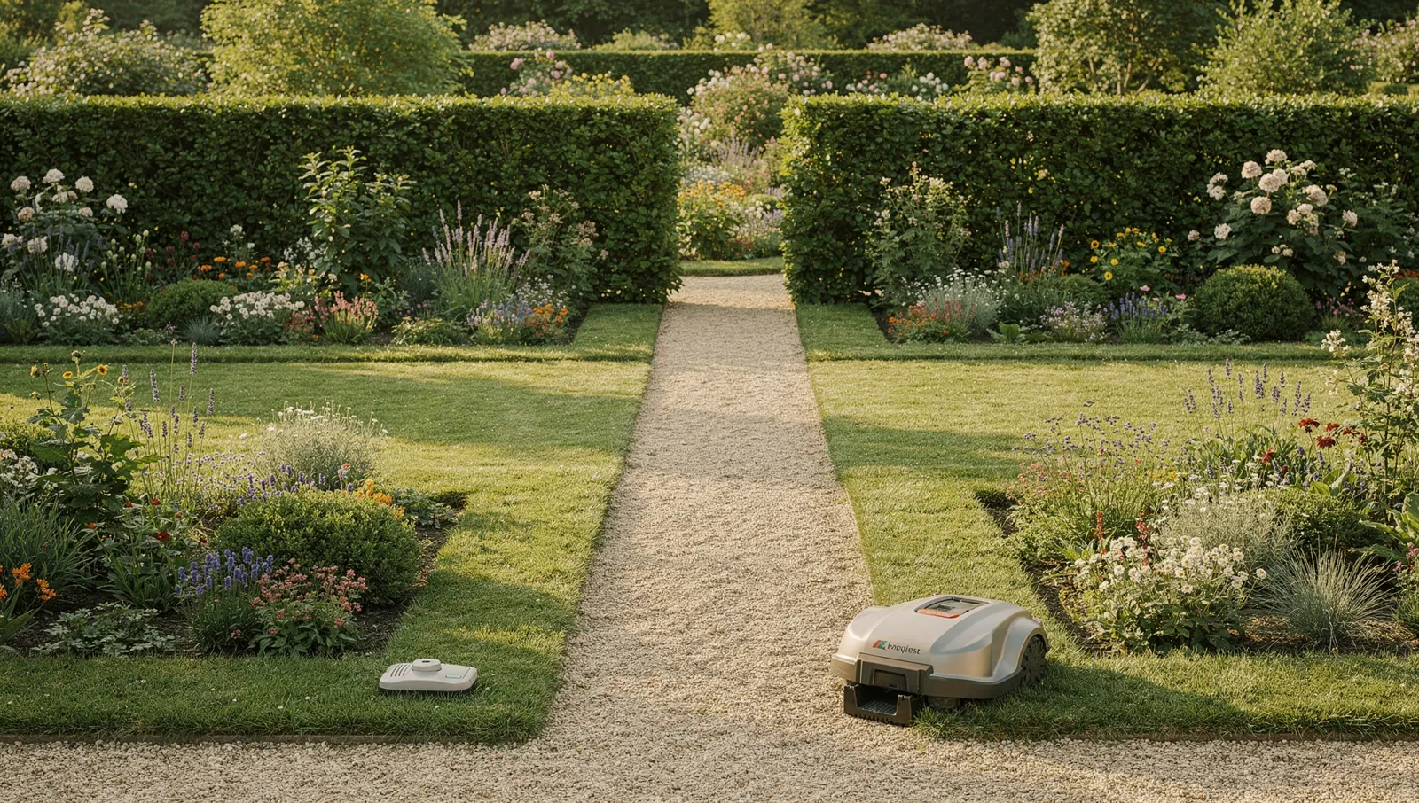 Jardin avec deux zones de pelouse, une allée et un passage étroit entre deux haies