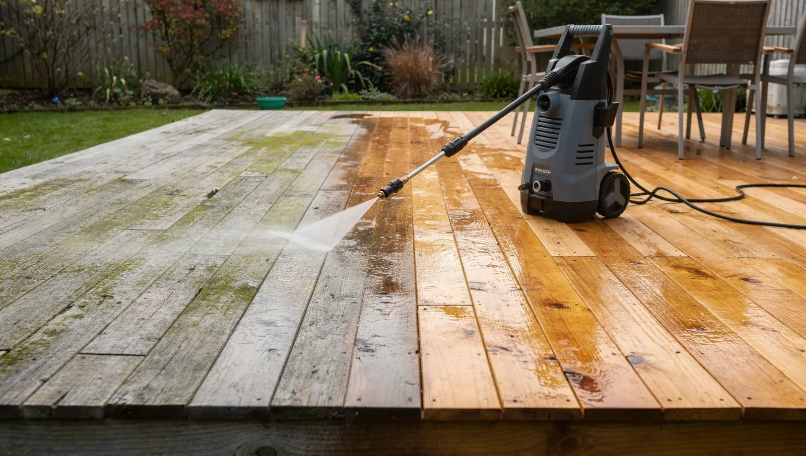 Nettoyeur haute pression à côté d'une terrasse en bois, les lames nettoyées plus claires que les lames grisées